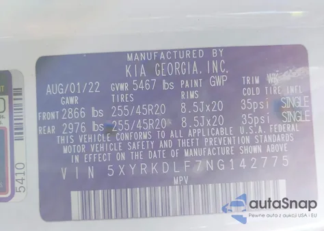 2022 Kia Sorento X-Line Sx Prestige z USA, uszkodzony, nr VIN 5XYRKDLF7NG142775